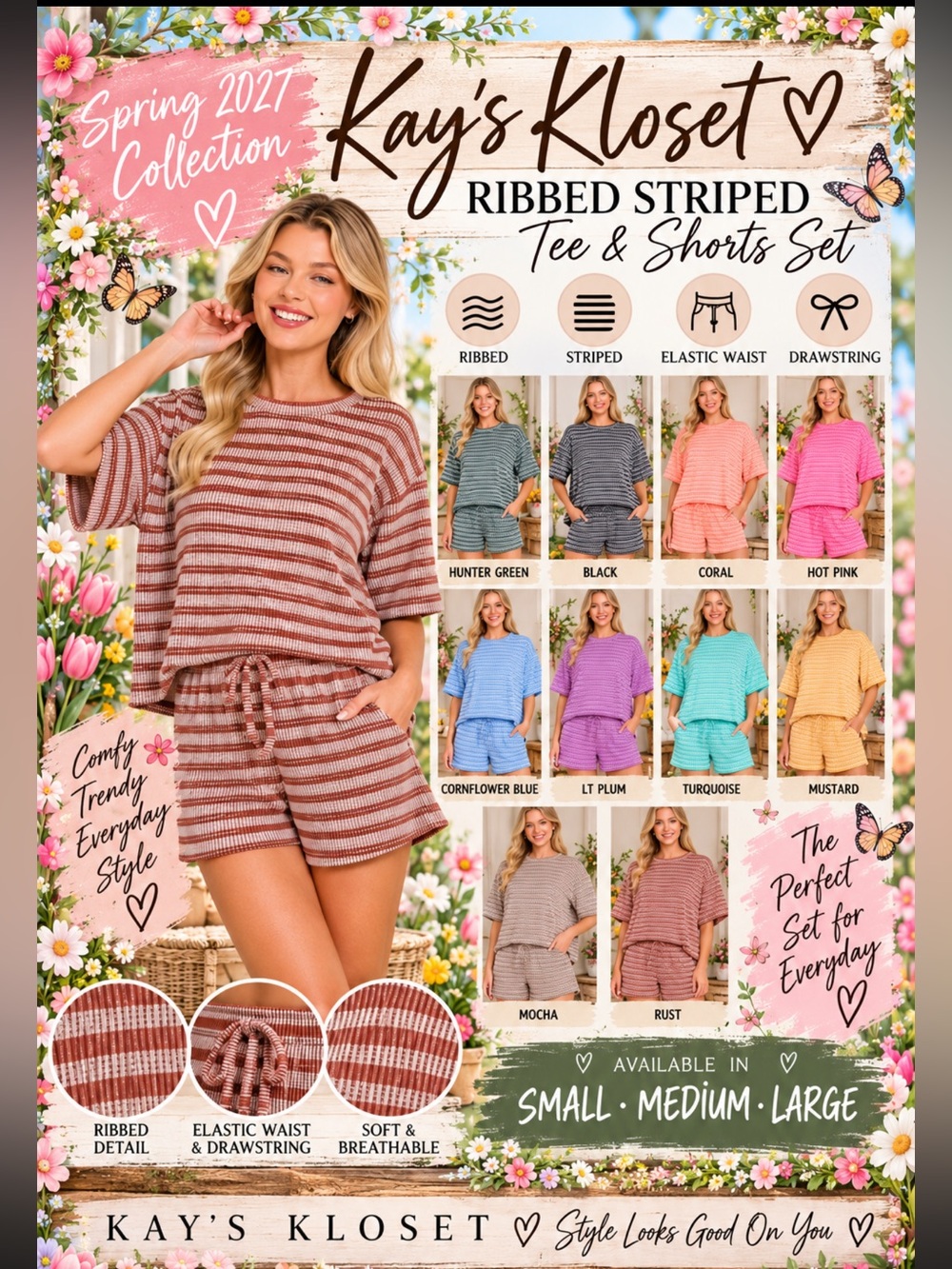 ZS1–🩵💛🧡🖤🩷 (ETA 1/7) (10 colors) Zenana ribbed Striped Tee & Shorts Set